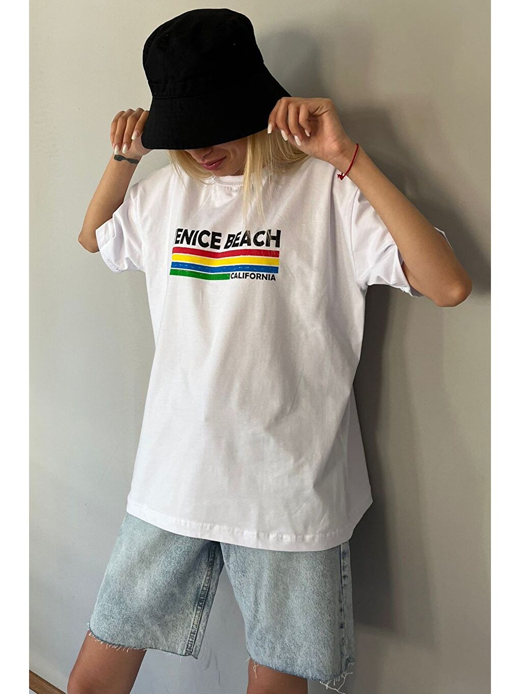 Beyaz Baskılı Over Fit Tişört Mg1516-5