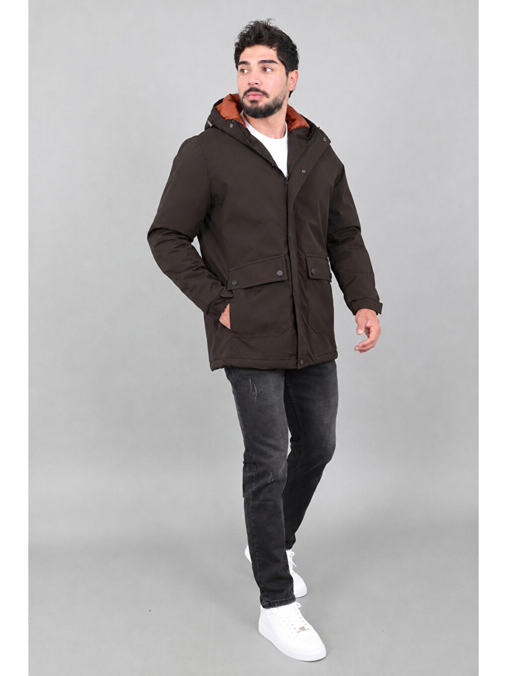 Kahverengi Kapitoneli Torba Cep Sabit Kapüşon Kışlık Mont Pldp 3039_50527-5
