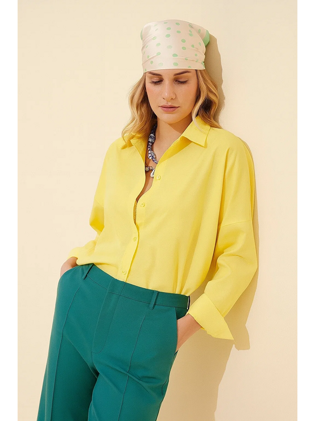 Kadın Oversize Uzun Basic Sarı Gömlek-1