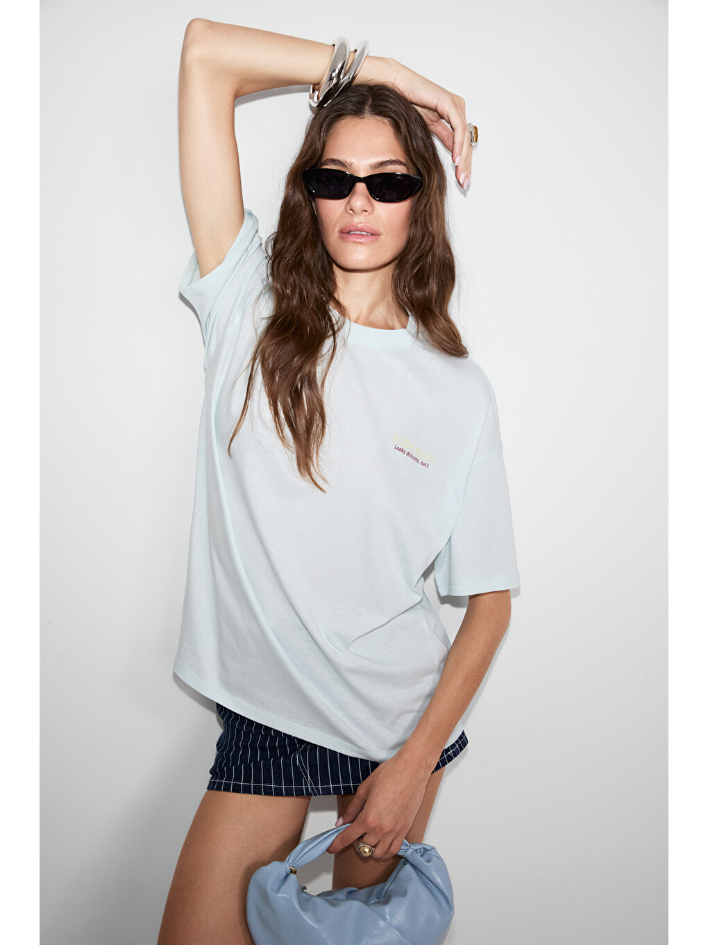 Cassıane Kadın Bisiklet Yaka Kısa Kollu Ön Ve Arka Baskılı Regular Açık Mavi T-shirt-3