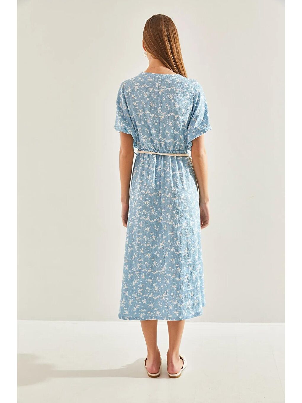 Mavi Kadın Beli Lastikli Kemerli Kloş Elbise 60101037-1