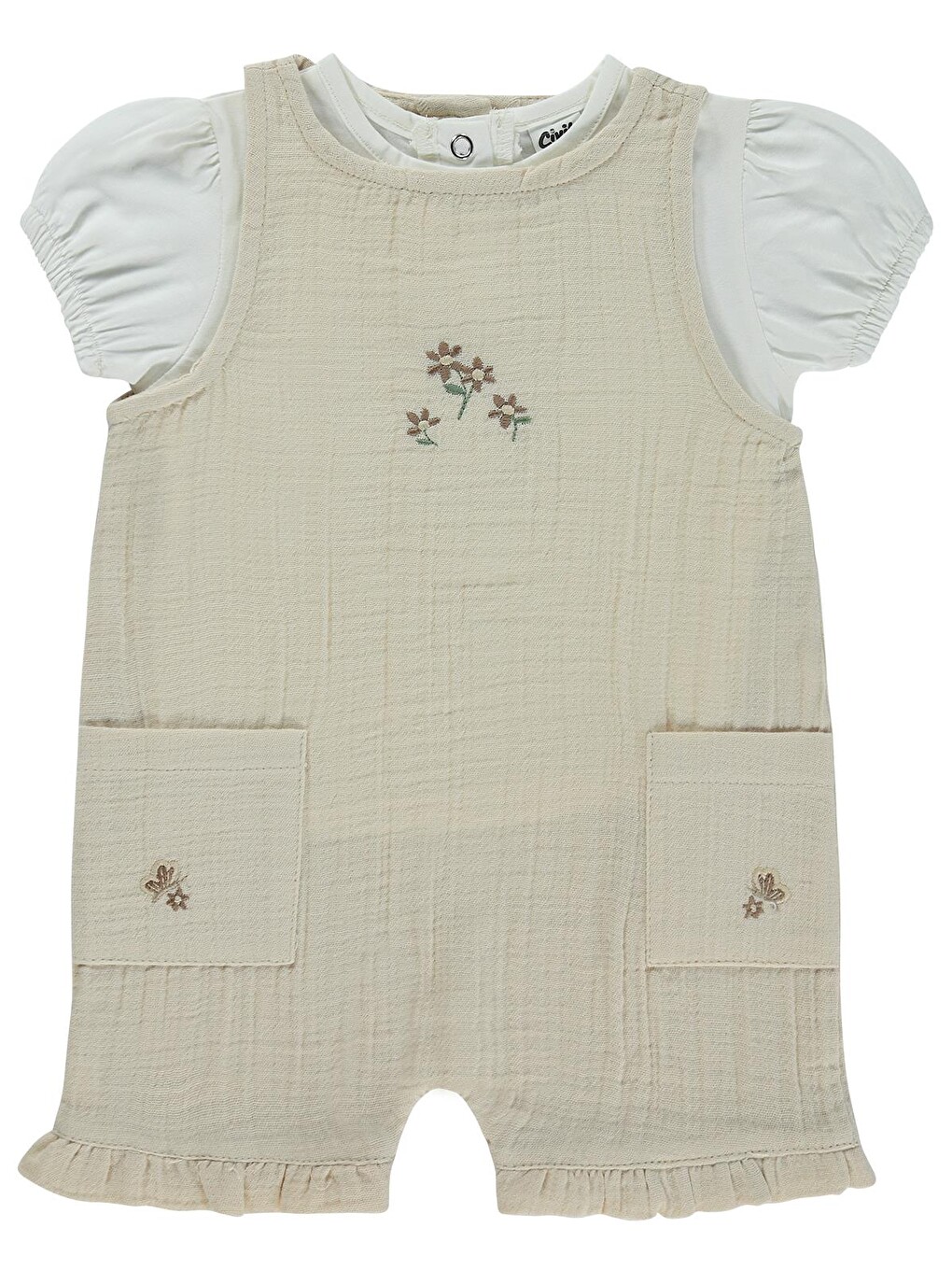 Baby Cepli Çiçek Nakış 6-18 Ay Patiksiz Tulum - Bej