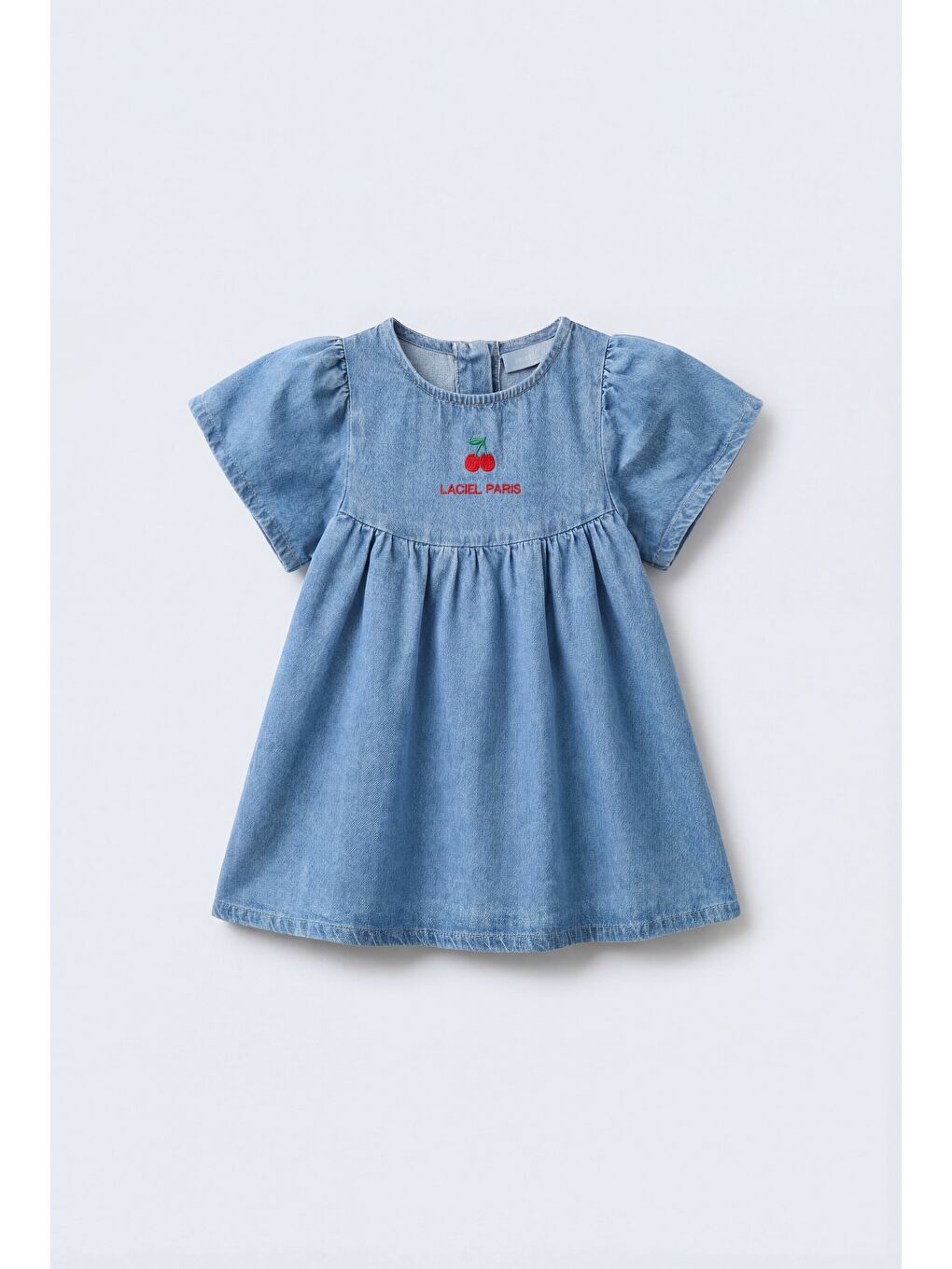 Kız Çocuk Pamuklu Mavi Elbise - Kiraz Nakış Detaylı
