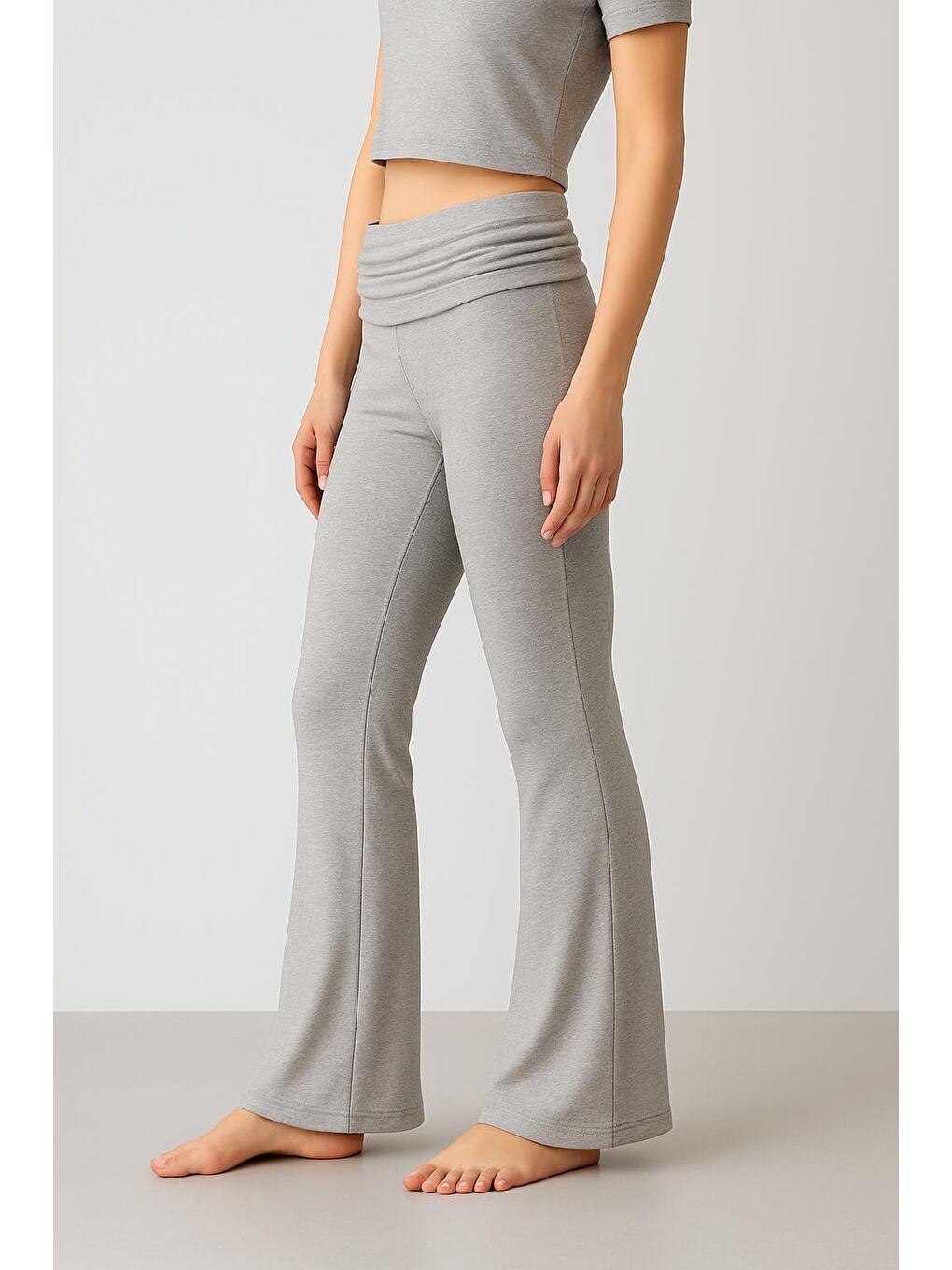 Gri İspanyol Paça Katlanan Bel Jarse Esnek Viskoz Flared Pantolon VTP02-1