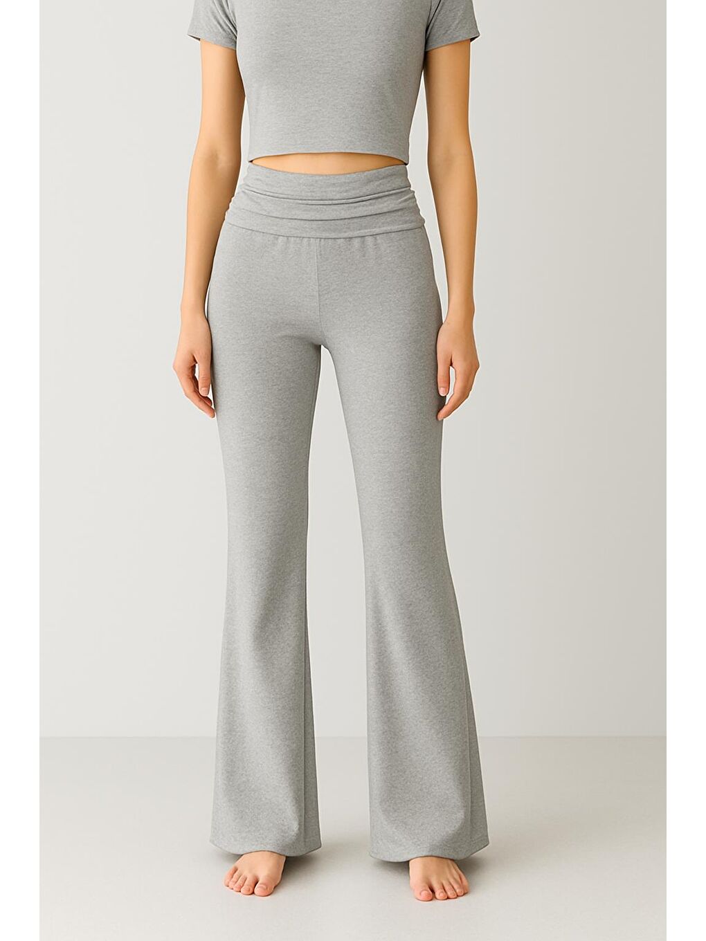 Gri İspanyol Paça Katlanan Bel Jarse Esnek Viskoz Flared Pantolon VTP02-2