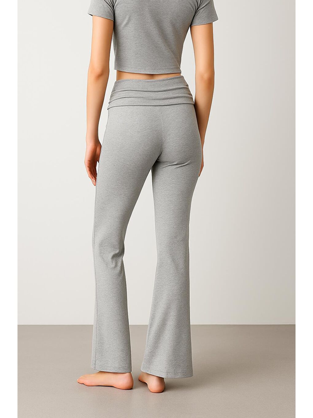 Gri İspanyol Paça Katlanan Bel Jarse Esnek Viskoz Flared Pantolon VTP02-3