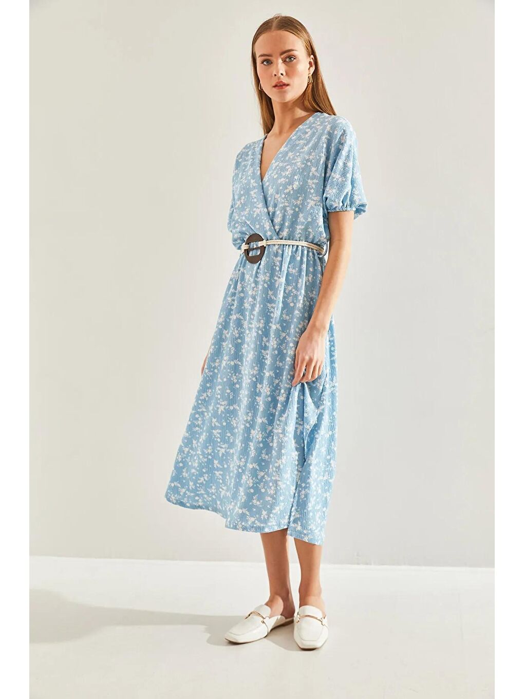 Mavi Kadın Beli Lastikli Kemerli Kloş Elbise 60101037-3