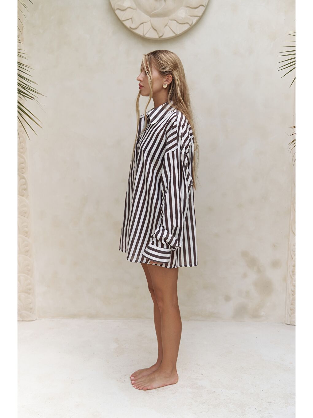 Kahverengi Rosy Transparan Çizgili Kahve Oversize Gömlek-1