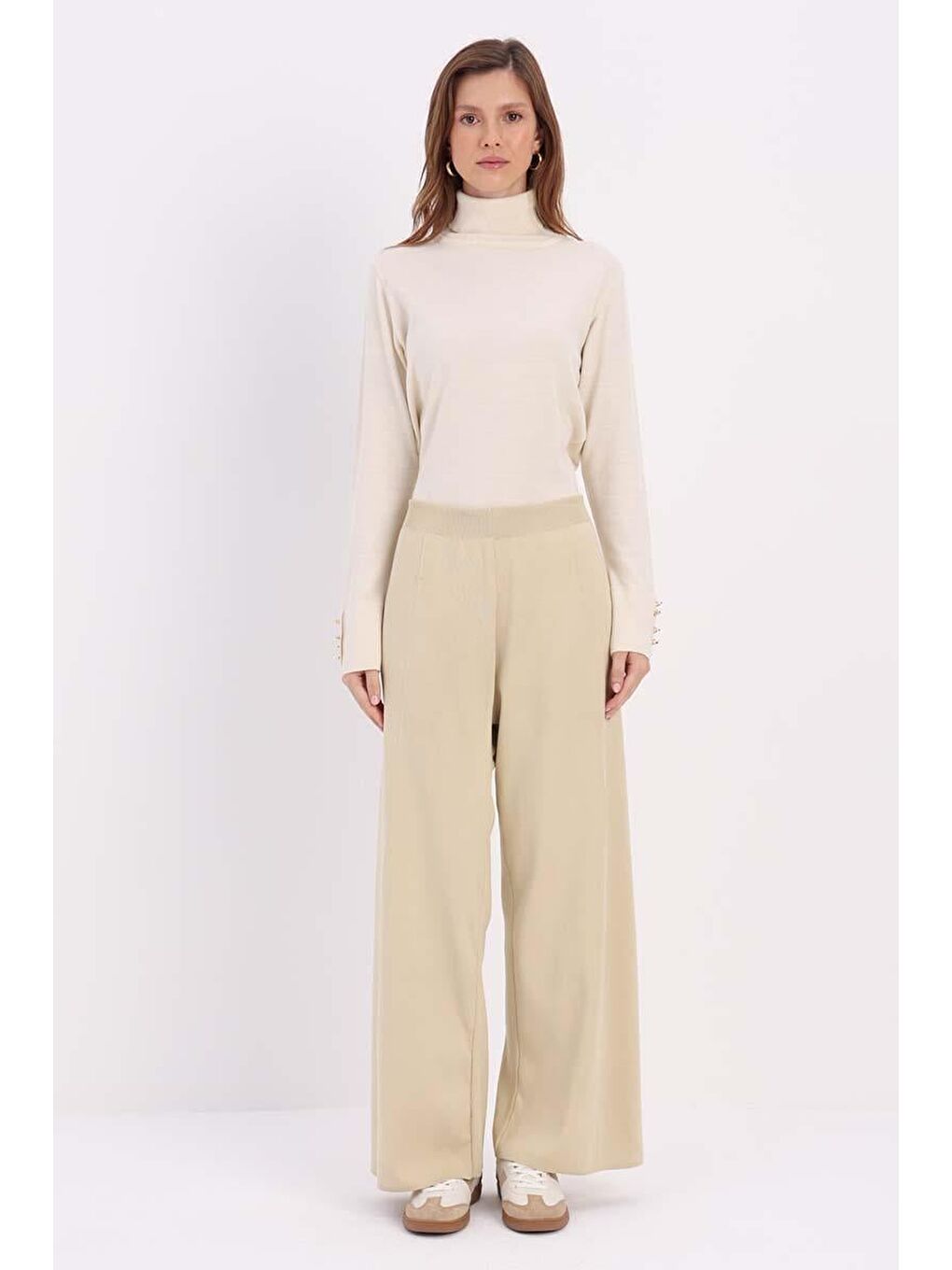 Ekru Krem-Bol Paça Triko Pantolon-1