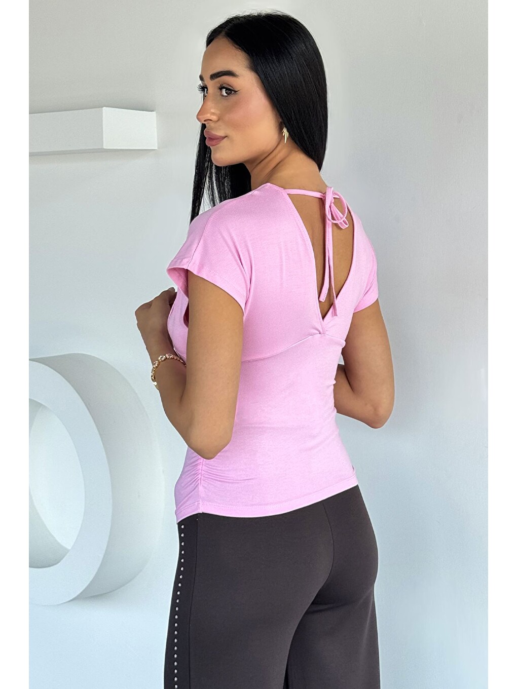 Pembe Kadın V Yaka Yan Büzgülü Bluz-3
