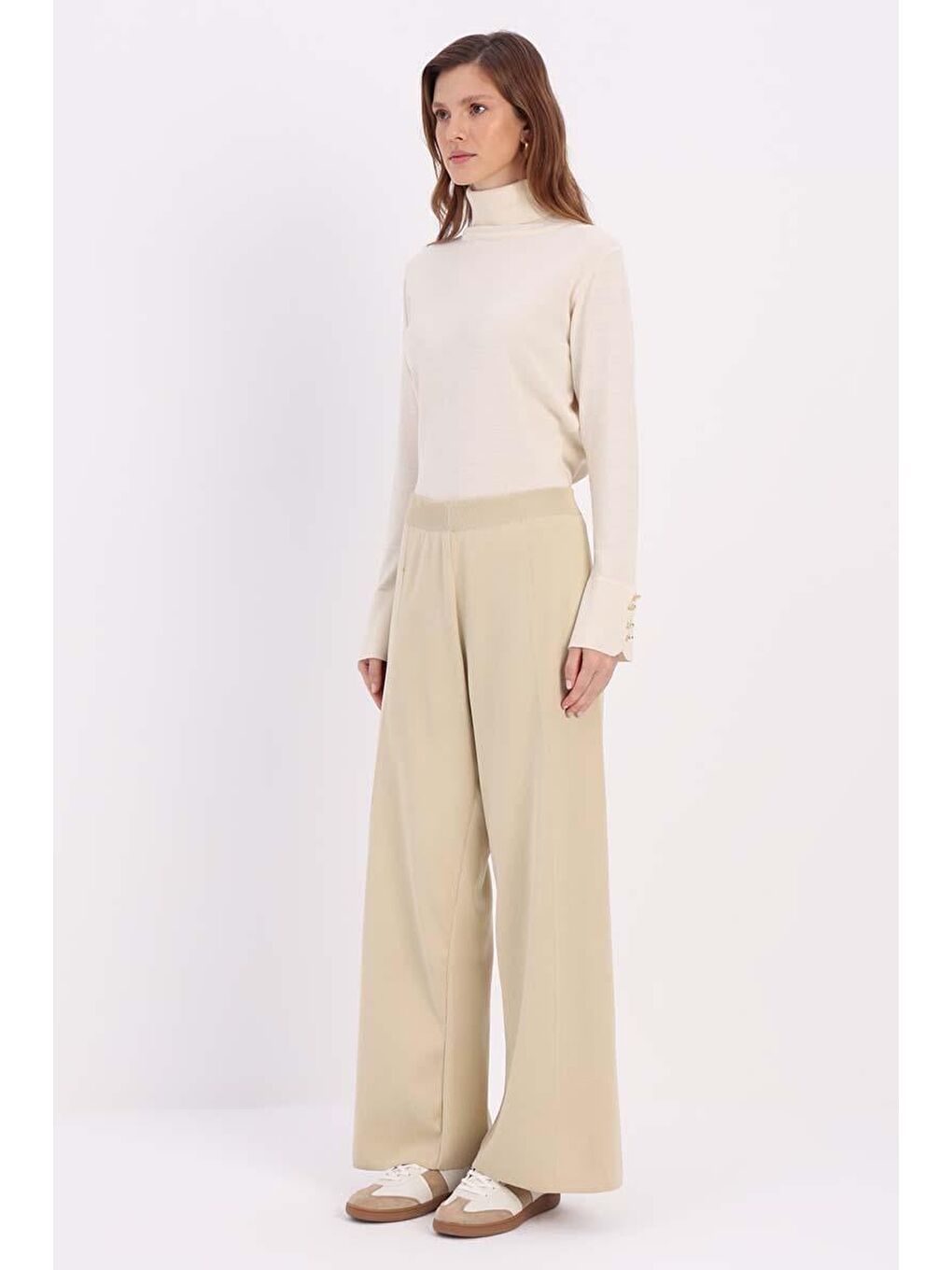 Ekru Krem-Bol Paça Triko Pantolon-2