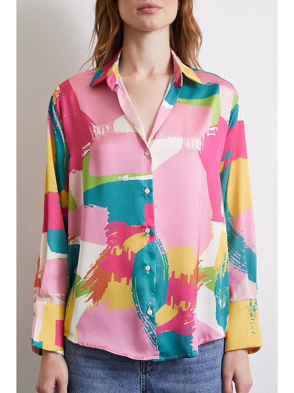 Pembe V Yaka Desenli Gömlek Pudra-3