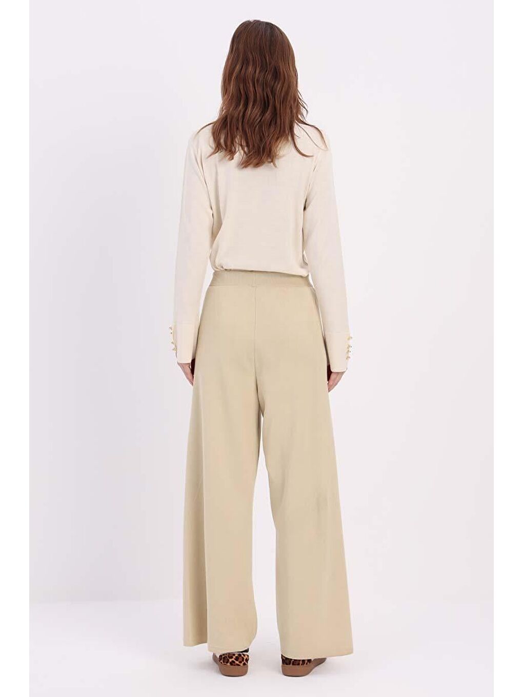 Ekru Krem-Bol Paça Triko Pantolon-3