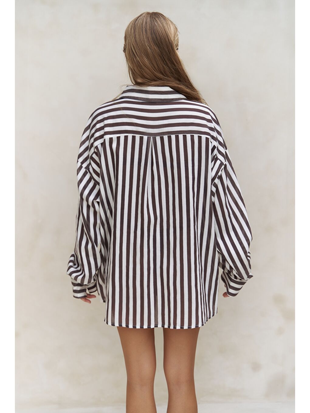 Kahverengi Rosy Transparan Çizgili Kahve Oversize Gömlek-2