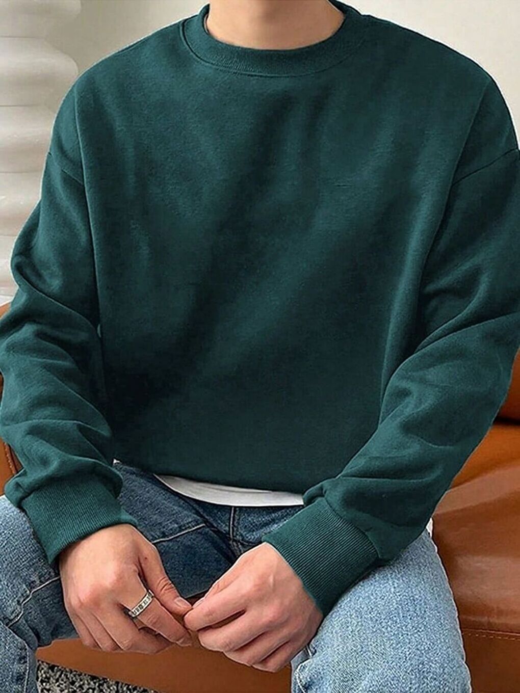 Yeşil Erkek Nefti Baskısız Bisiklet Yaka Regular Sweatshirt