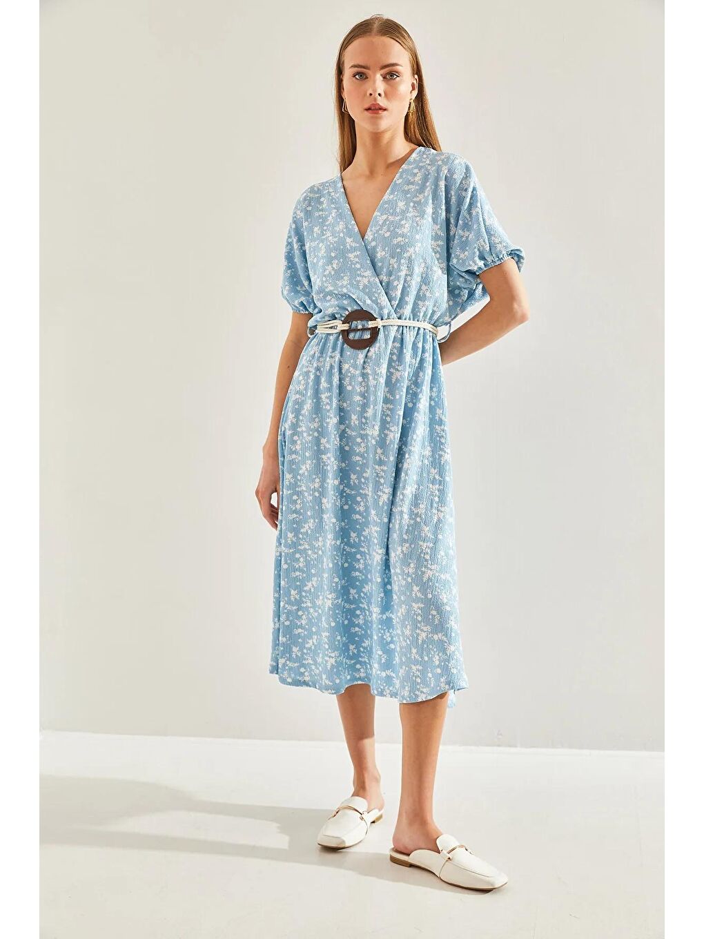 Mavi Kadın Beli Lastikli Kemerli Kloş Elbise 60101037-4