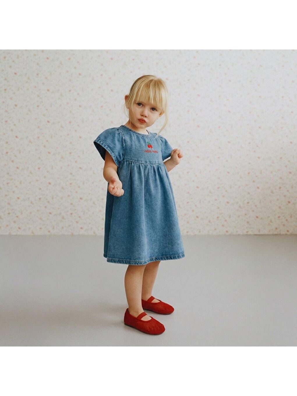 Kız Çocuk Pamuklu Mavi Elbise - Kiraz Nakış Detaylı-1