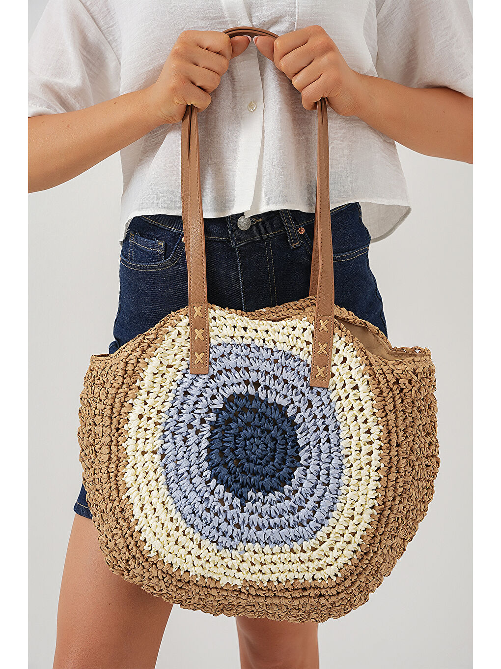 Kadın Desenli Yuvarlak Hasır Çanta 010191 - Bej-3