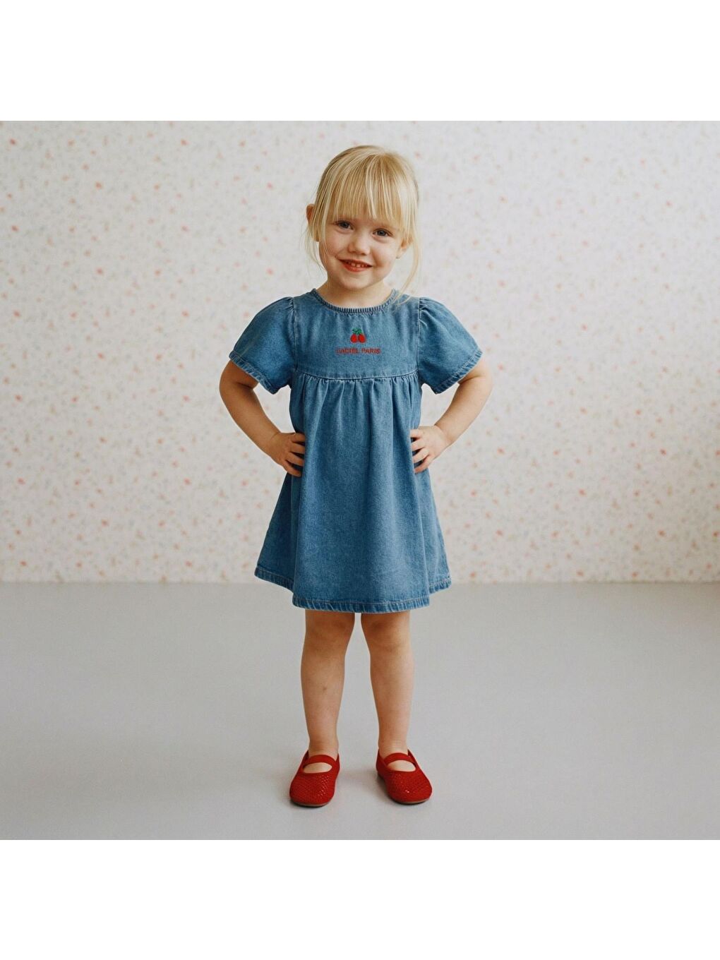 Kız Çocuk Pamuklu Mavi Elbise - Kiraz Nakış Detaylı-2