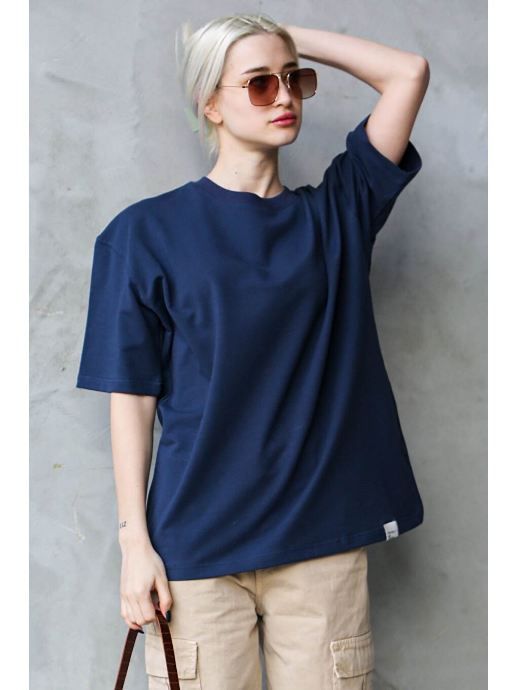 Lacivert Bisiklet Yaka Basic Oversize Tişört Mg1687-5