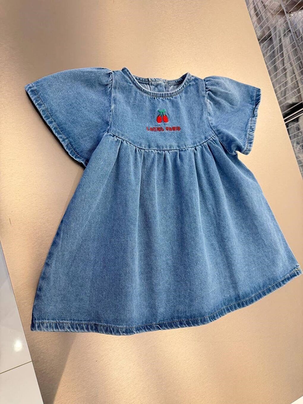 Kız Çocuk Pamuklu Mavi Elbise - Kiraz Nakış Detaylı-3