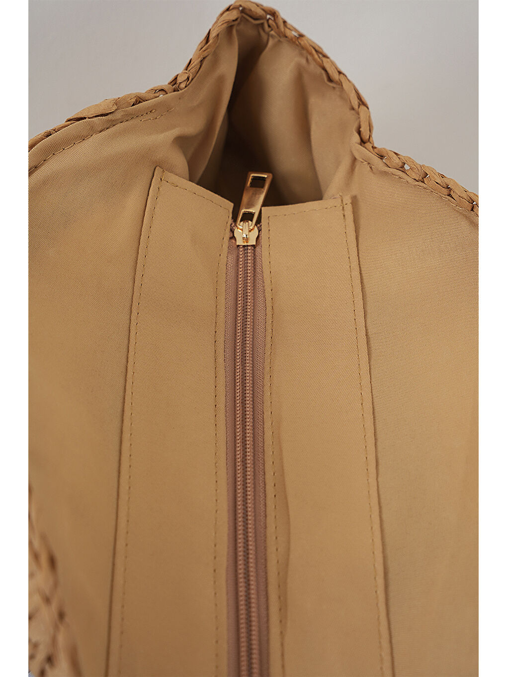 Kadın Desenli Yuvarlak Hasır Çanta 010191 - Bej-5