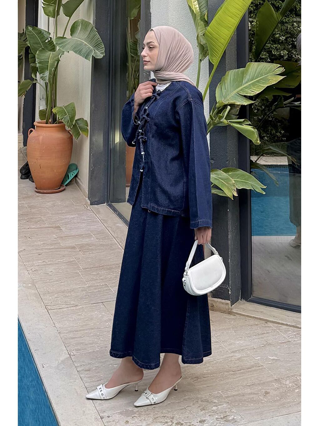 Bağcık Detaylı Denim Takım Jean Mavisi-1