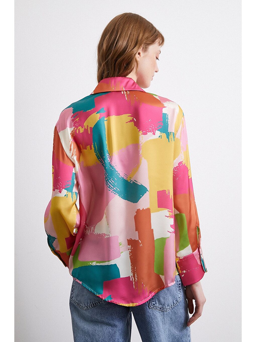 Pembe V Yaka Desenli Gömlek Pudra-4