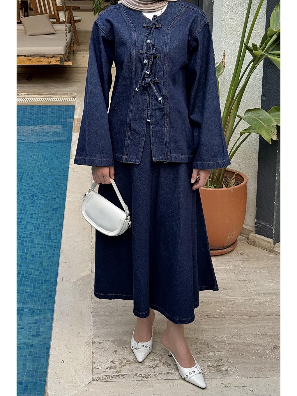 Bağcık Detaylı Denim Takım Jean Mavisi-2