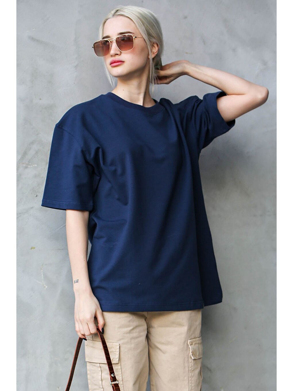 Lacivert Bisiklet Yaka Basic Oversize Tişört Mg1687-6