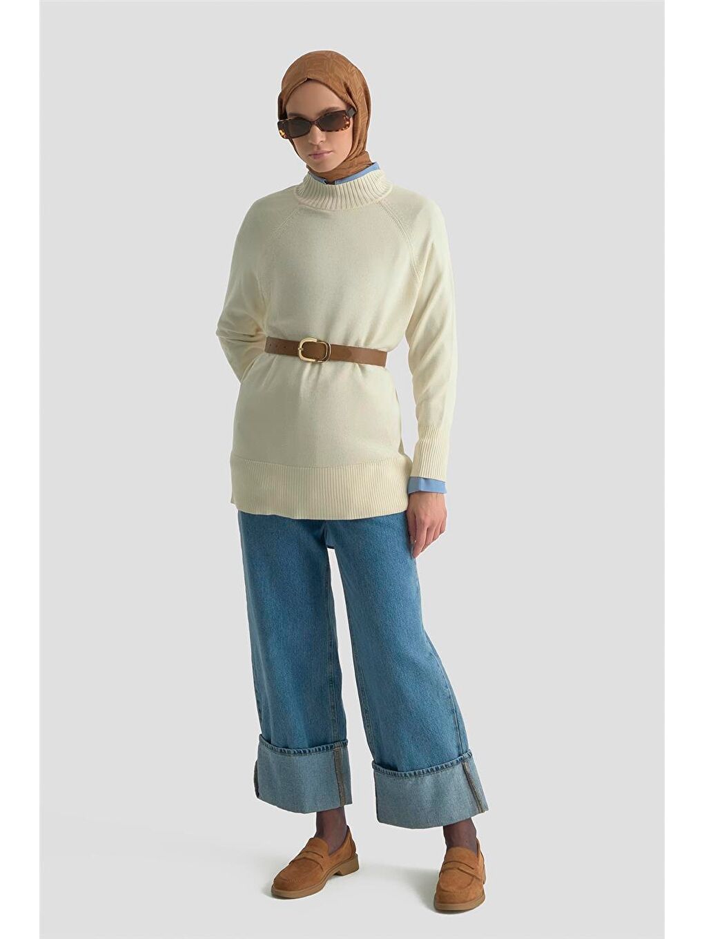 Düğmeli Basic Oversize Kazak 25Kd6016 Ekru-1