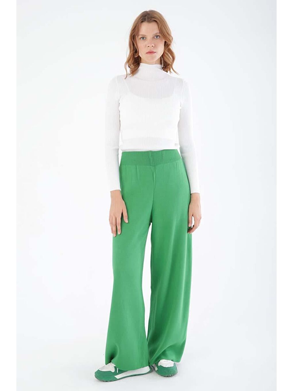 Yeşil-Bol Paça Triko Pantolon-1