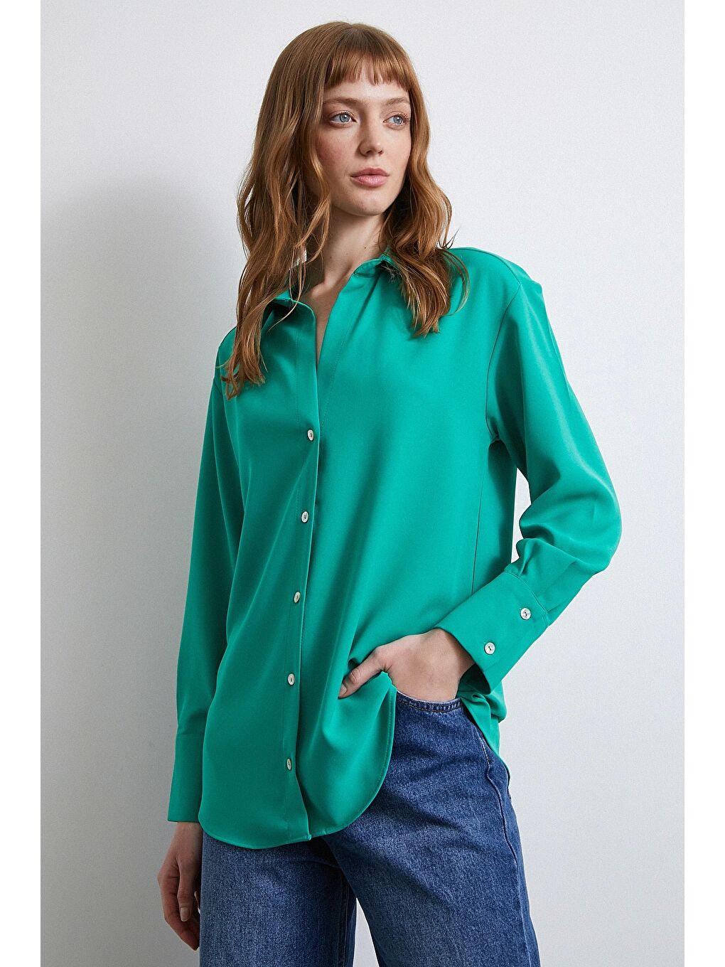 Klasik Saten Gömlek Yeşil-4