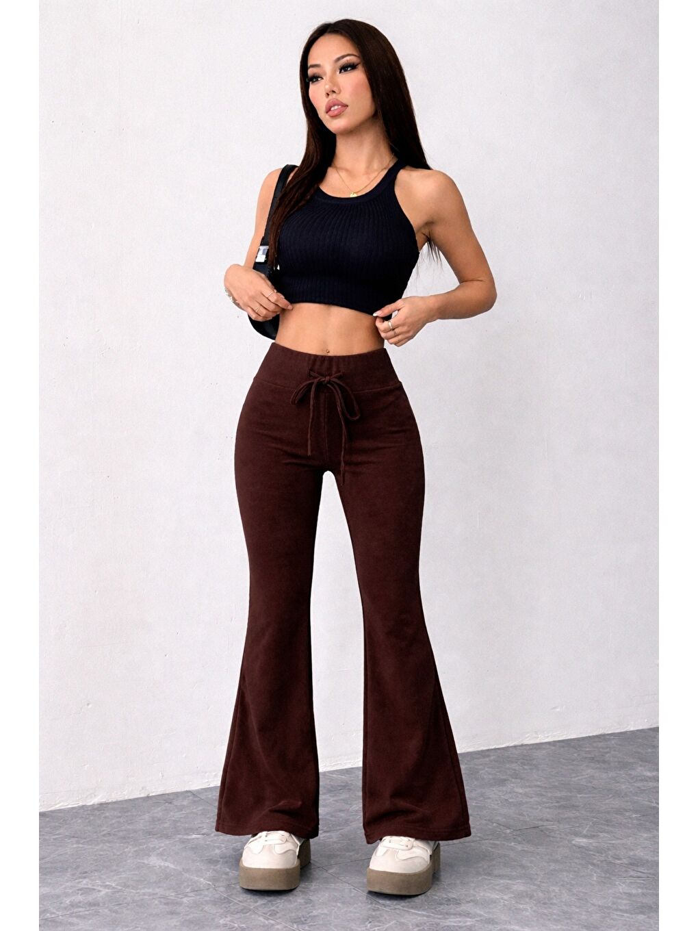 Kahverengi Kadın Yüksek Bel Flare Paça Eşofman Altı – 2 İplik Kumaş, Toparlayıcı, İspanyol Paça-2