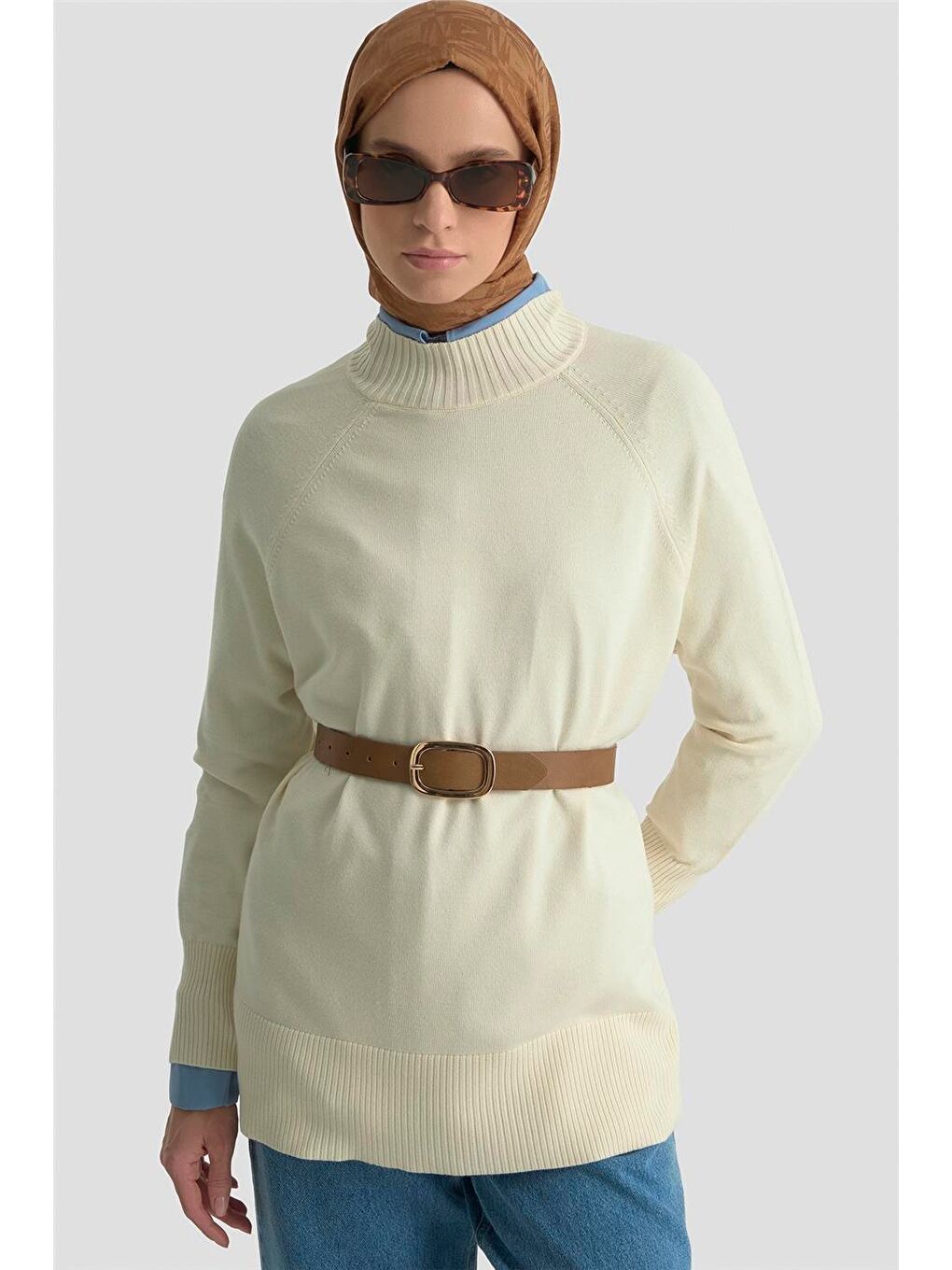 Düğmeli Basic Oversize Kazak 25Kd6016 Ekru-2