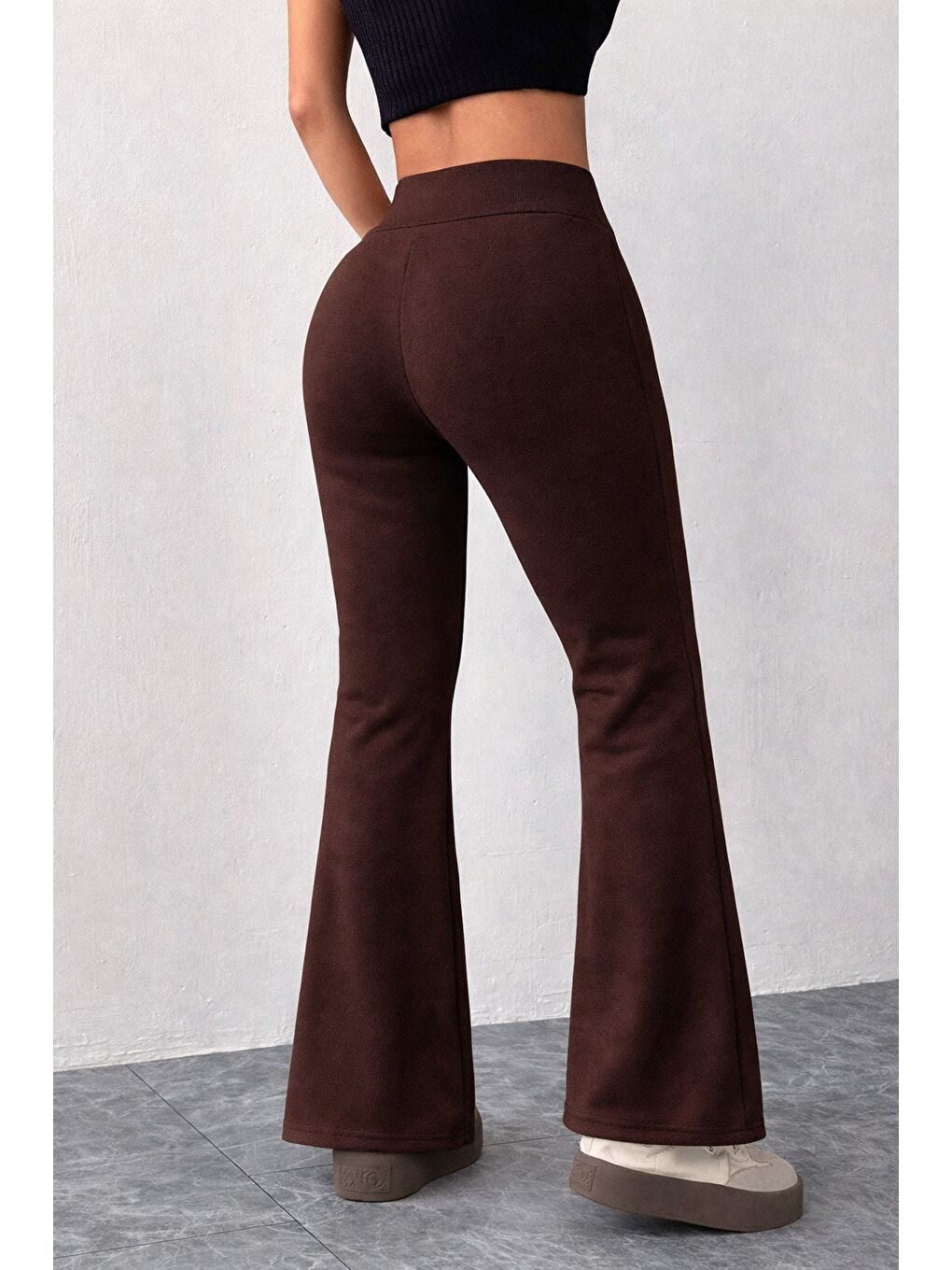 Kahverengi Kadın Yüksek Bel Flare Paça Eşofman Altı – 2 İplik Kumaş, Toparlayıcı, İspanyol Paça-3