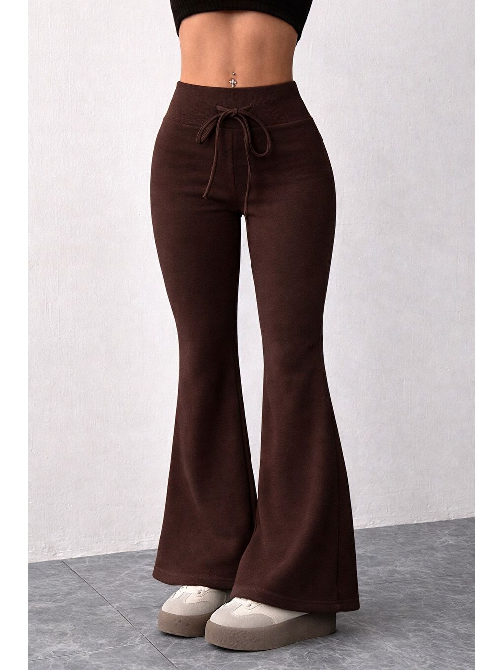 Kahverengi Kadın Yüksek Bel Flare Paça Eşofman Altı – 2 İplik Kumaş, Toparlayıcı, İspanyol Paça-4