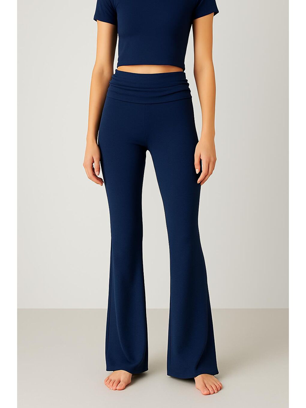 Lacivert İspanyol Paça Katlanan Bel Jarse Esnek Viskoz Flared Pantolon VTP02-1