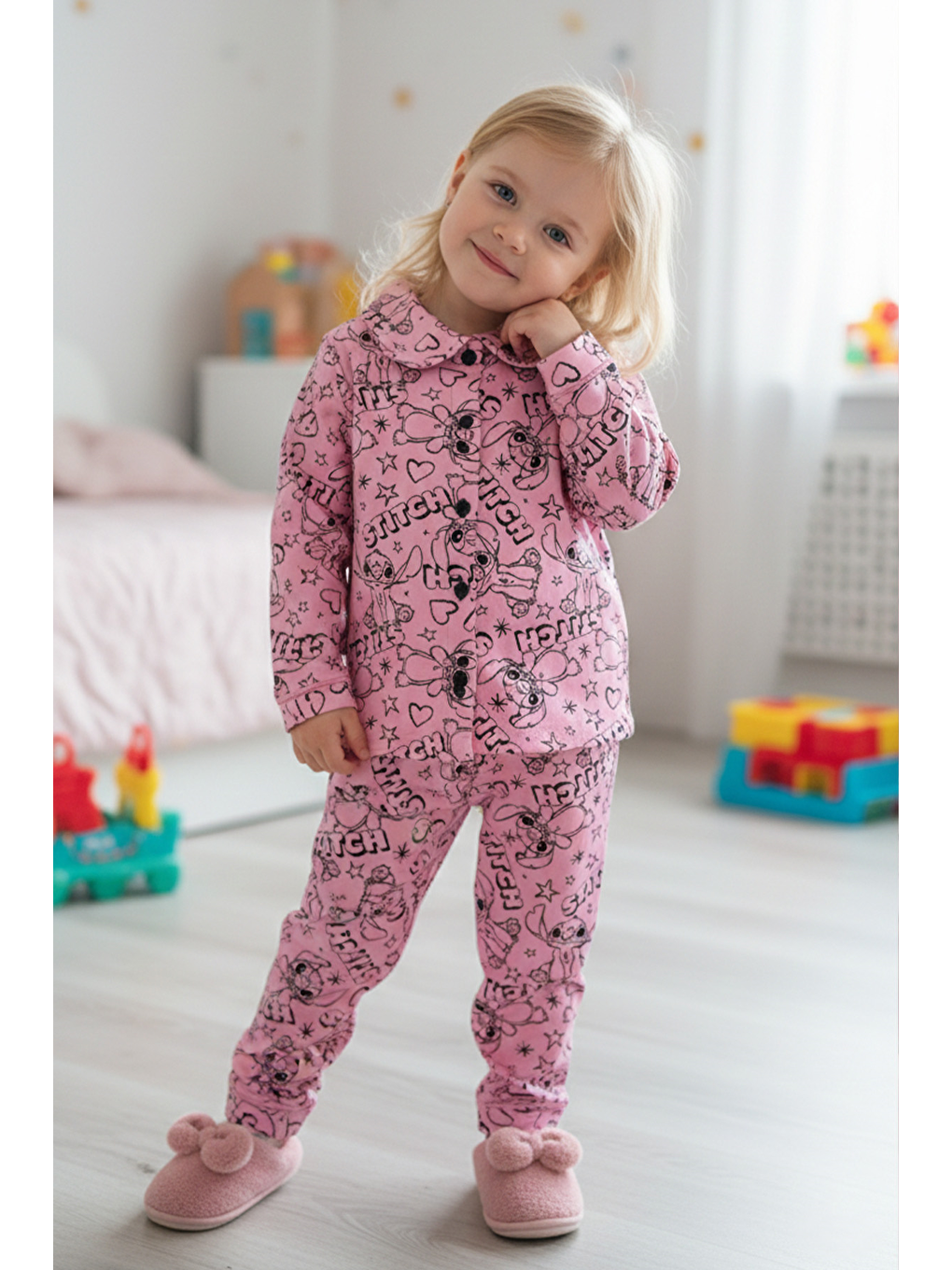 Pembe Kız Çocuk Lilo & Stitch Desenli Elastanlı Alt Üst Takım (3-4 Yaş 8-9 Yaş)-1