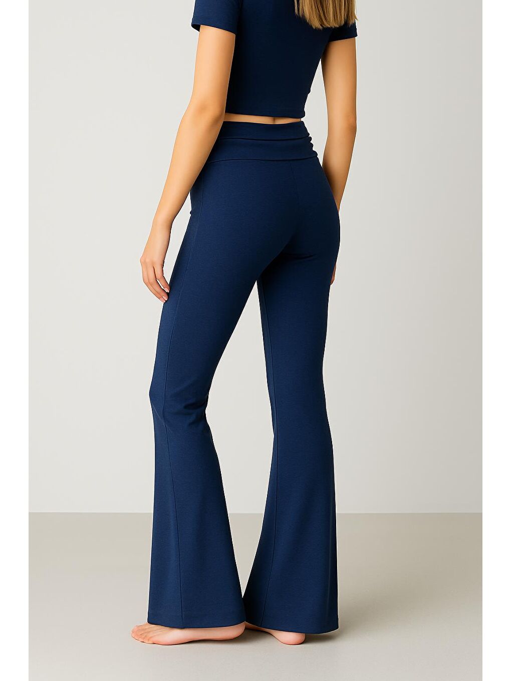 Lacivert İspanyol Paça Katlanan Bel Jarse Esnek Viskoz Flared Pantolon VTP02-2
