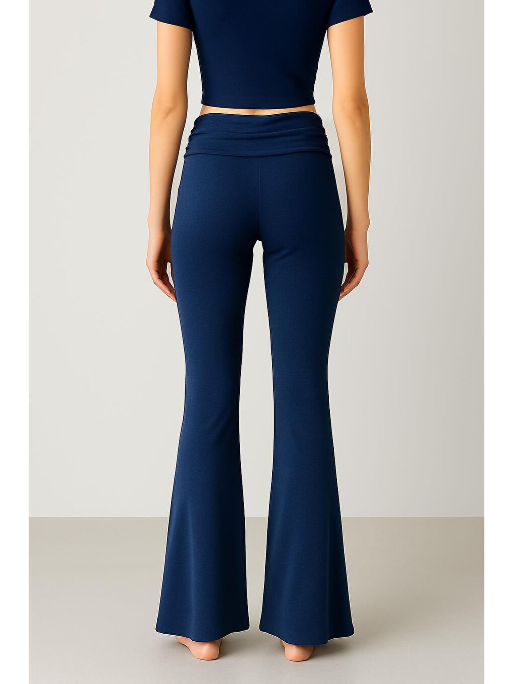 Lacivert İspanyol Paça Katlanan Bel Jarse Esnek Viskoz Flared Pantolon VTP02-3