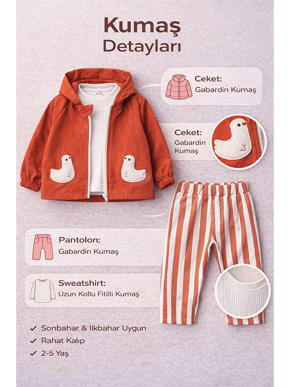 Kahverengi Kız Çocuk Gabardin Ceketli Takım – %100 Pamuklu İç Penye, Beli Lastikli Kemerli Pantolon 2-5 Yaş-1