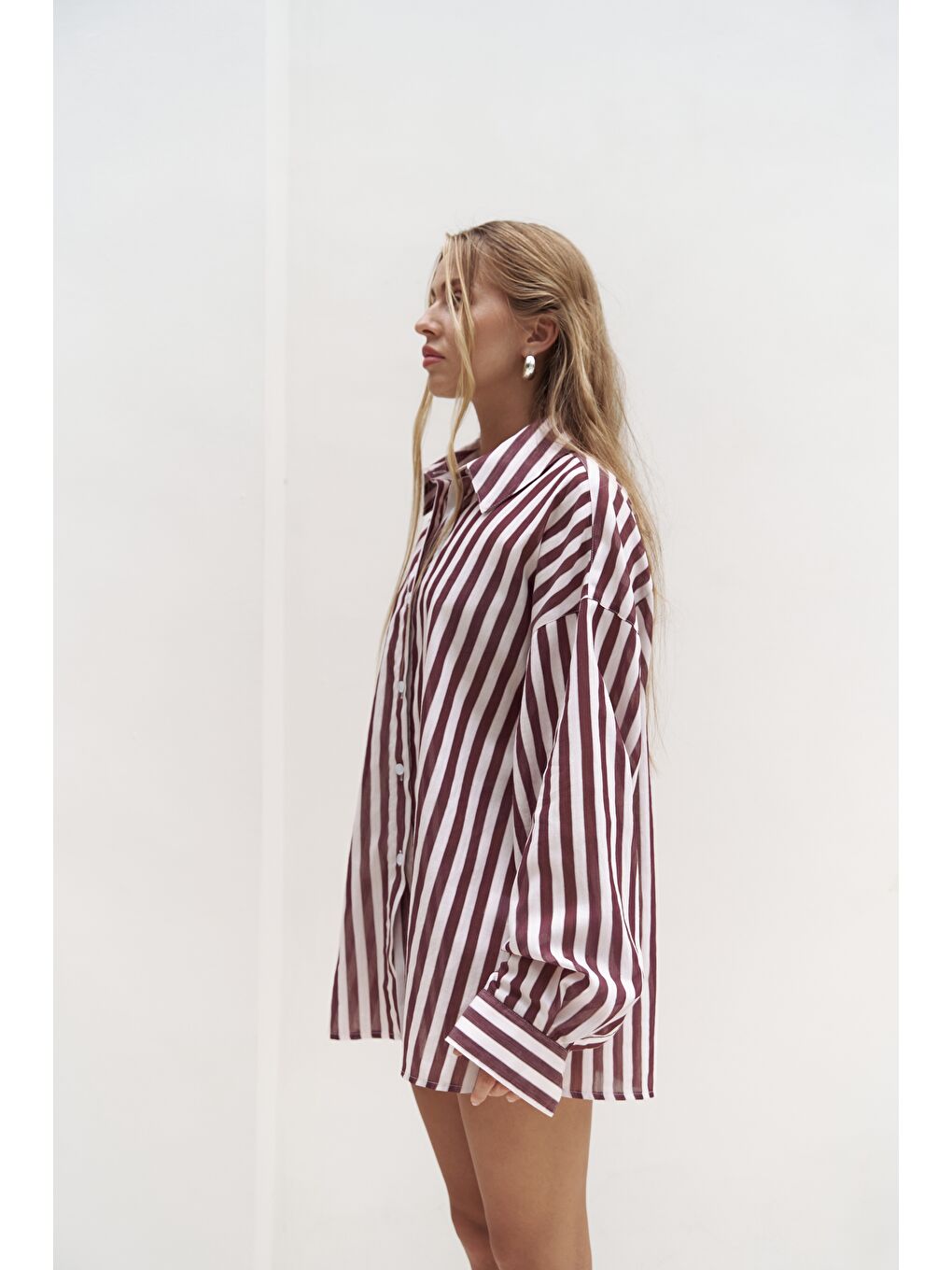 Rosy Transparan Çizgili Bordo Oversize Gömlek