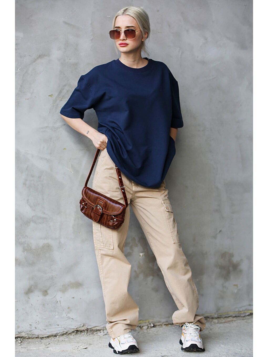 Lacivert Bisiklet Yaka Basic Oversize Tişört Mg1687-8