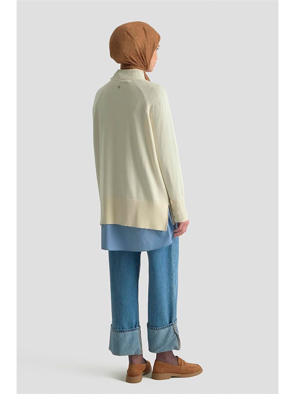 Düğmeli Basic Oversize Kazak 25Kd6016 Ekru-4