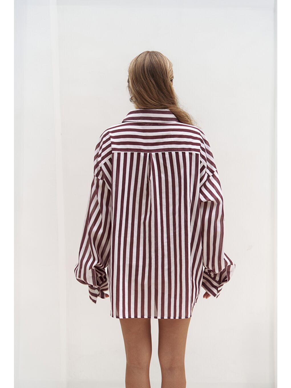 Rosy Transparan Çizgili Bordo Oversize Gömlek-1