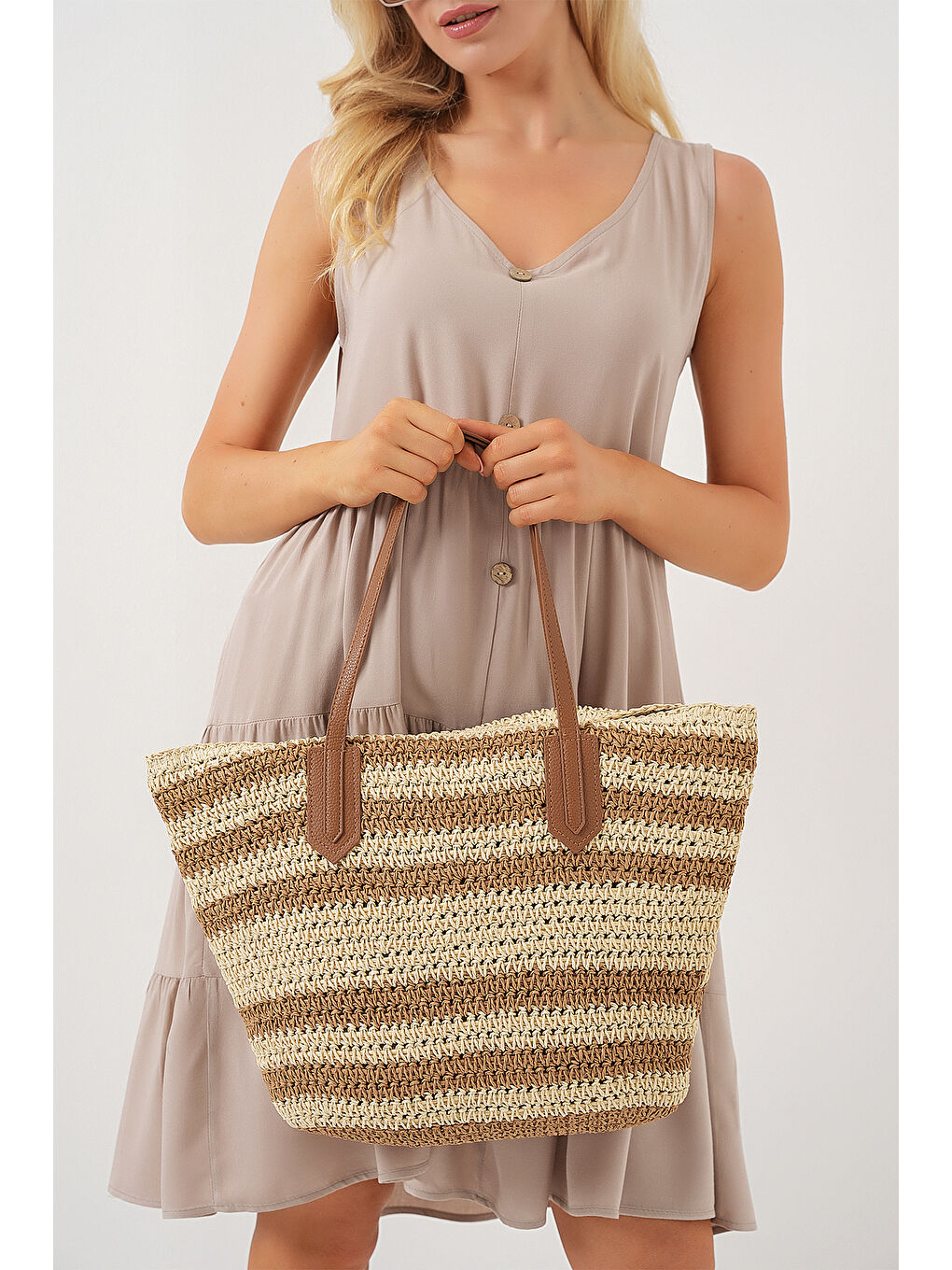 Kadın Fermuarlı Hasır Çanta 010189 - Bej-2