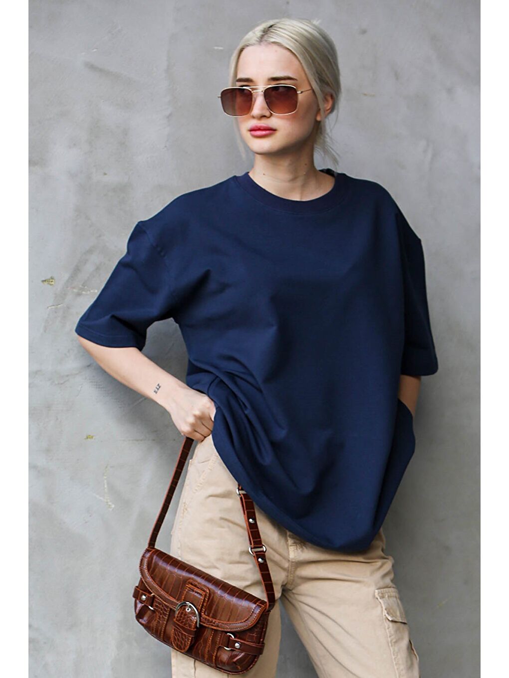 Lacivert Bisiklet Yaka Basic Oversize Tişört Mg1687-9