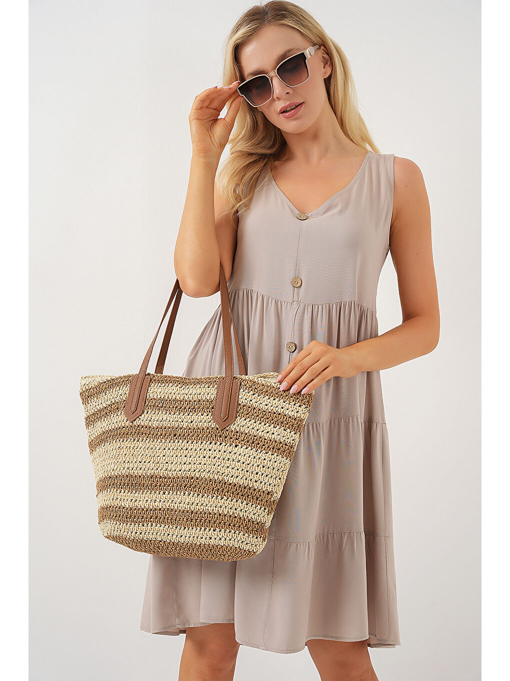 Kadın Fermuarlı Hasır Çanta 010189 - Bej-3