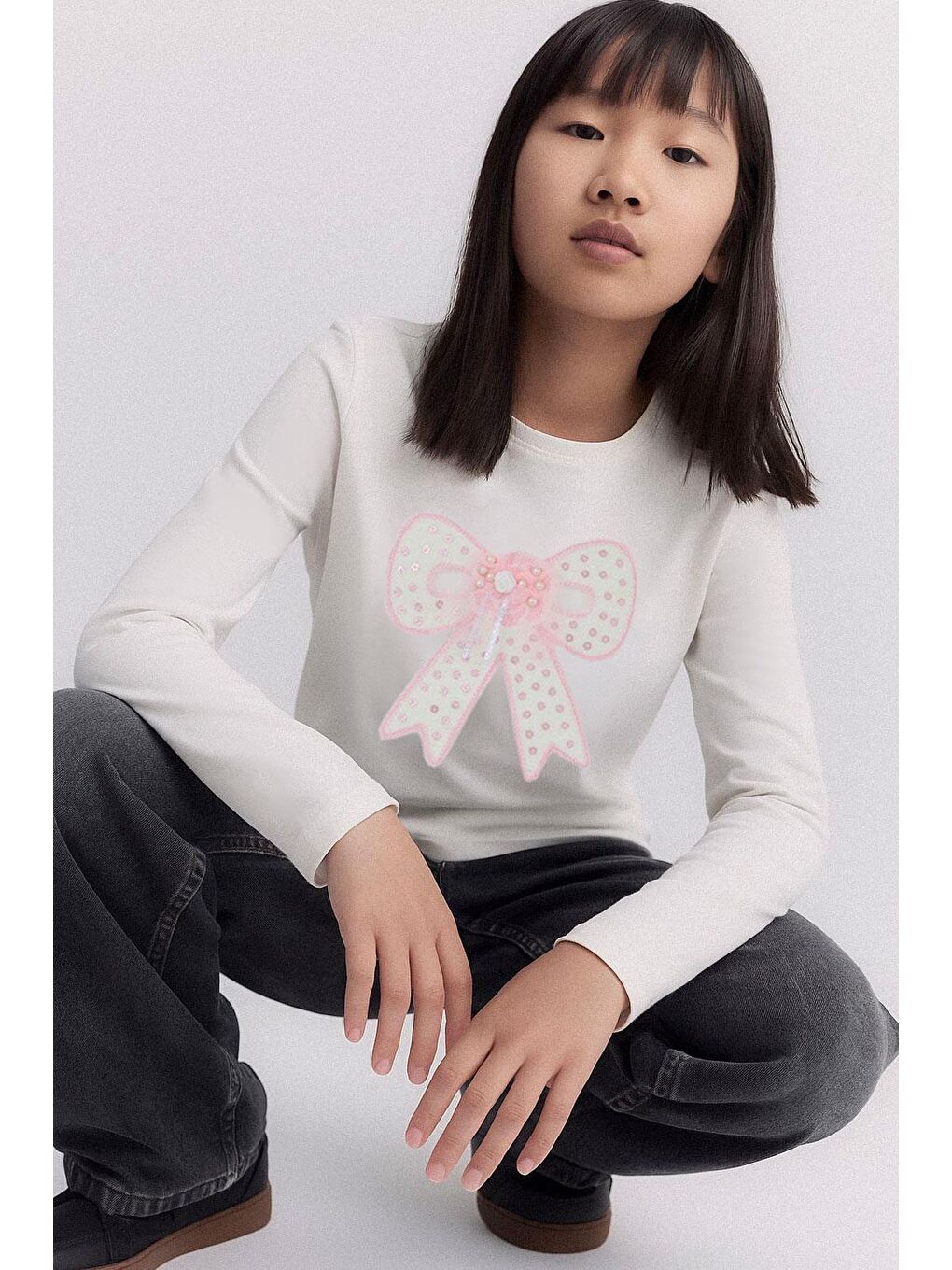 Kız Çocuk Uzun Kollu Tişört Fiyonk Armalı İnci Detaylı Tüllü Ekru (3-8 Yaş)-1